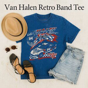 Van Halen Racing Bleached Graphic Tee Blue M — Retro Band Car Tee